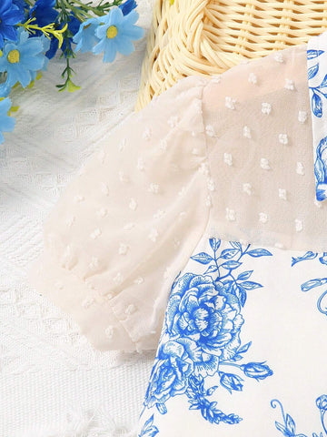 Girl Comfortable Flower Print Short Sleeve Collar Shirt, Summer Gift