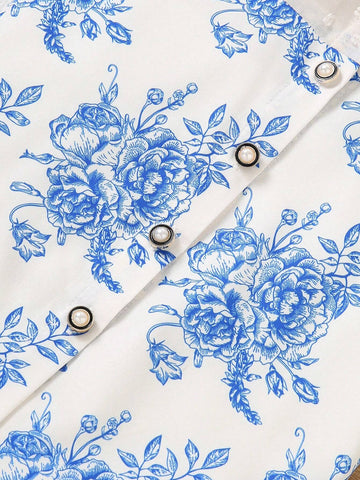 Girl Comfortable Flower Print Short Sleeve Collar Shirt, Summer Gift