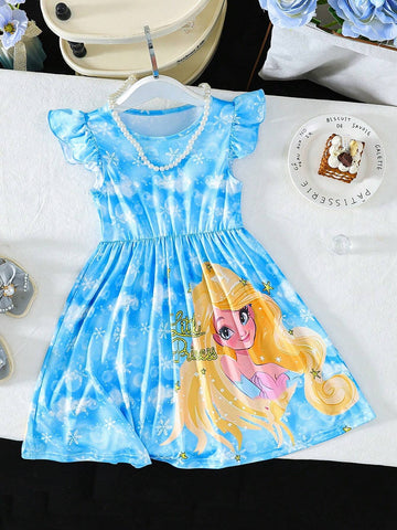 Girl Cute Elegant Cap Sleeve Cartoon Printed Dress With Elastic Waistband, Suitable For Festivals, Holidays, Spring And Summer Seasons