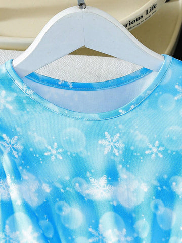 Girl Cute Elegant Cap Sleeve Cartoon Printed Dress With Elastic Waistband, Suitable For Festivals, Holidays, Spring And Summer Seasons