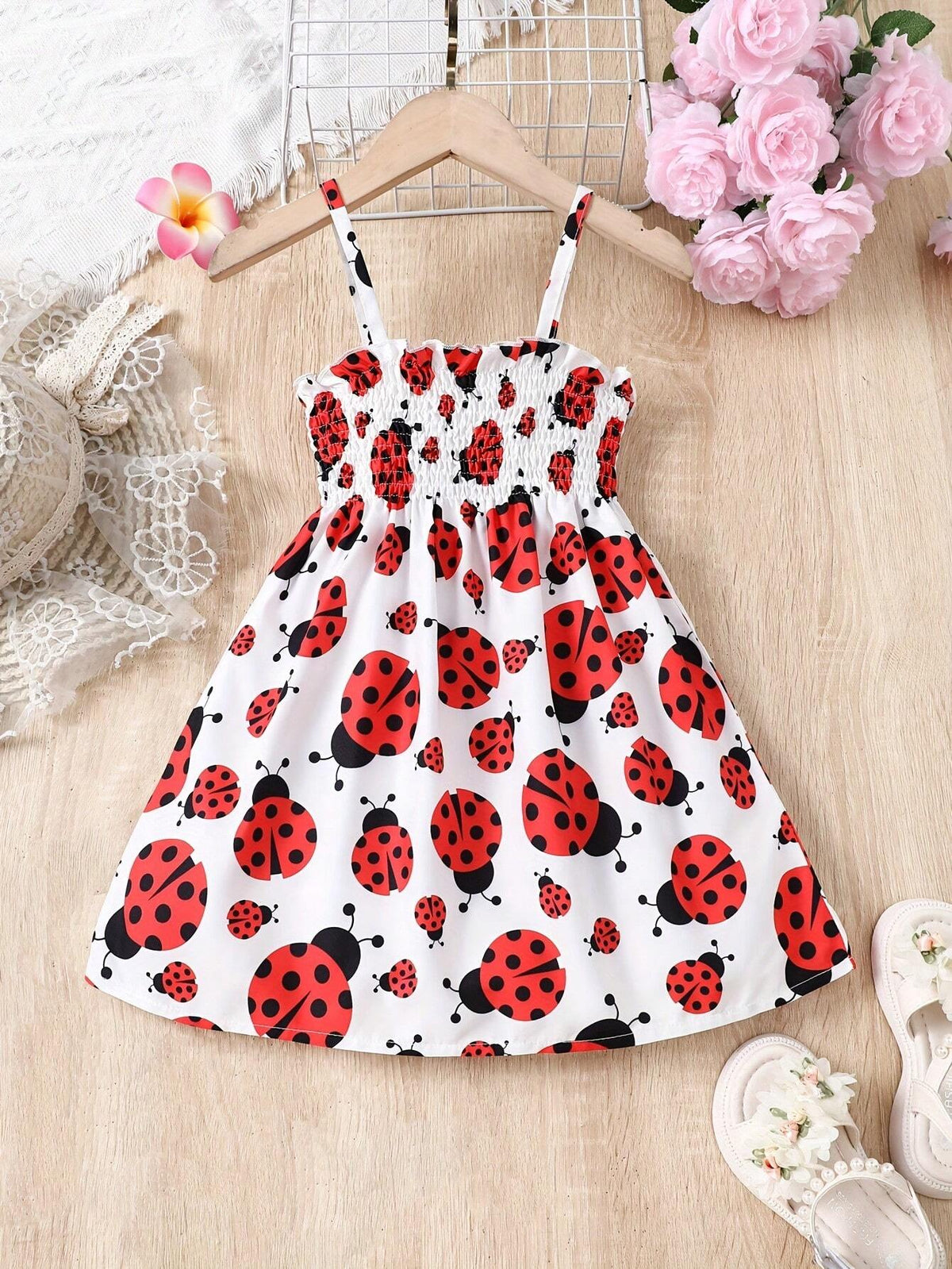 Girl Cute Ladybug Pattern Slip Dress Party Beach Vacation Sleeveless Dress For Summer