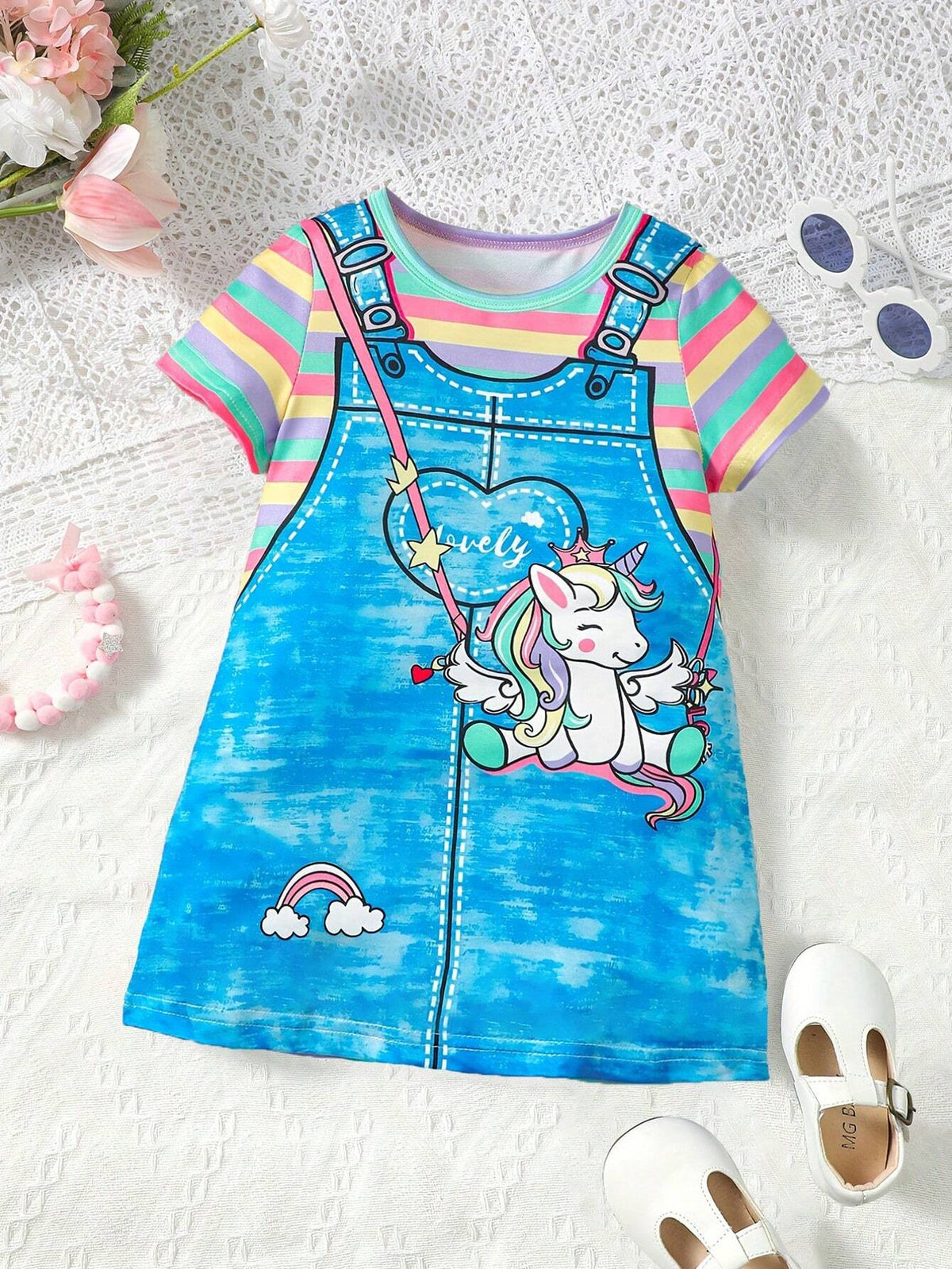 Girl Cute Strap Cartoon Pattern Printed Stripe T-Shirt Dress Casual Short Sleeve Outing Holiday Dress