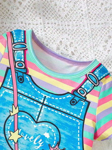 Girl Cute Strap Cartoon Pattern Printed Stripe T-Shirt Dress Casual Short Sleeve Outing Holiday Dress