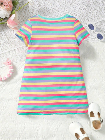 Girl Cute Strap Cartoon Pattern Printed Stripe T-Shirt Dress Casual Short Sleeve Outing Holiday Dress