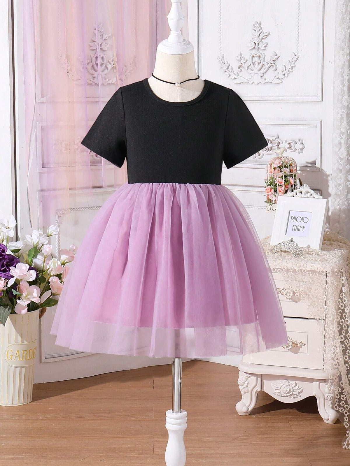 Girl Elegant Mesh Splice Short Sleeve Party Dress For Summer