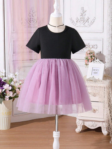 Girl Elegant Mesh Splice Short Sleeve Party Dress For Summer