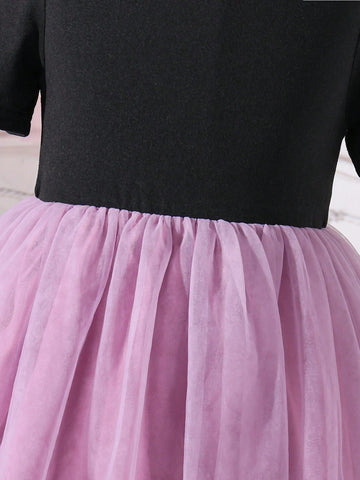 Girl Elegant Mesh Splice Short Sleeve Party Dress For Summer