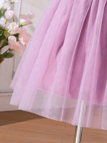 Girl Elegant Mesh Splice Short Sleeve Party Dress For Summer