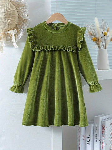 Girl Elegant Velvet Long Sleeve Dress With Lettuce Trim, Perfect For Holiday & Spring/Fall Occasions