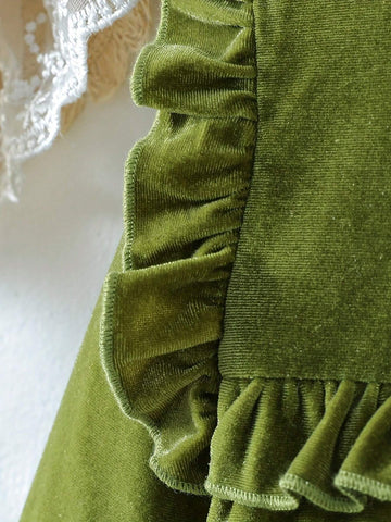 Girl Elegant Velvet Long Sleeve Dress With Lettuce Trim, Perfect For Holiday & Spring/Fall Occasions