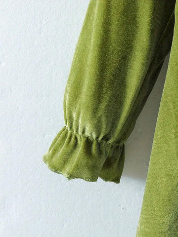 Girl Elegant Velvet Long Sleeve Dress With Lettuce Trim, Perfect For Holiday & Spring/Fall Occasions