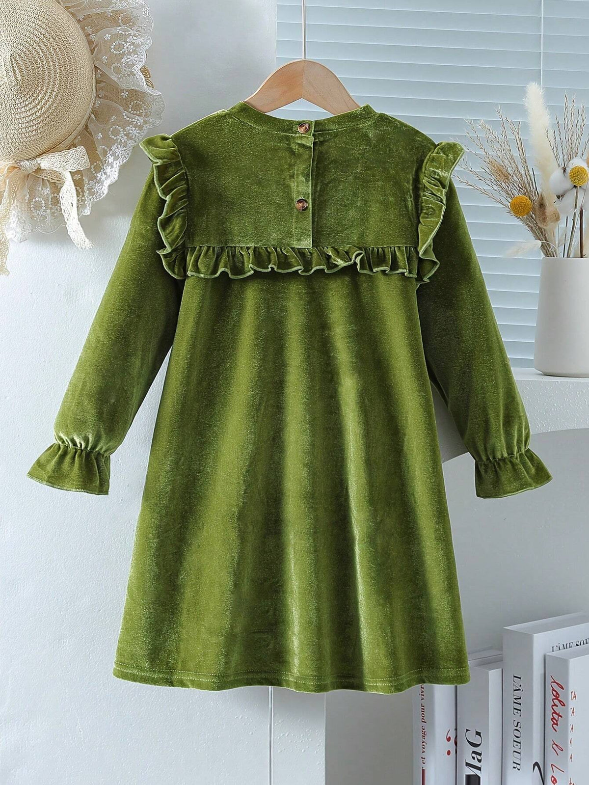Girl Elegant Velvet Long Sleeve Dress With Lettuce Trim, Perfect For Holiday & Spring/Fall Occasions