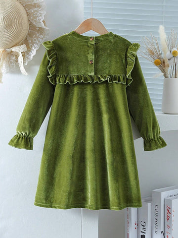 Girl Elegant Velvet Long Sleeve Dress With Lettuce Trim, Perfect For Holiday & Spring/Fall Occasions