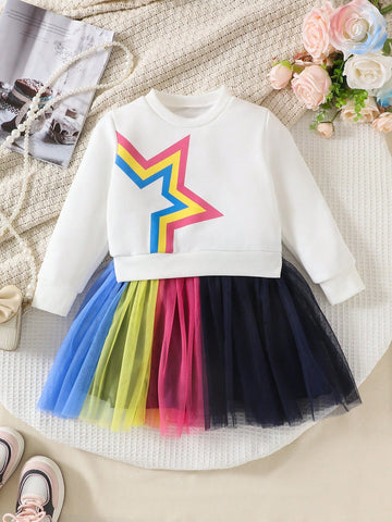 Girl Fashion Colorblock Mesh Patchwork Sweatshirt Dress, Star Color Contrast Long Sleeve Sporty Dress