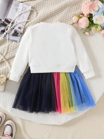 Girl Fashion Colorblock Mesh Patchwork Sweatshirt Dress, Star Color Contrast Long Sleeve Sporty Dress