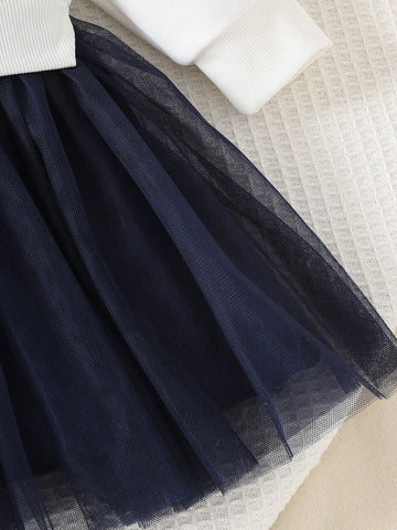 Girl Fashion Colorblock Mesh Patchwork Sweatshirt Dress, Star Color Contrast Long Sleeve Sporty Dress