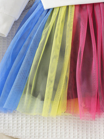 Girl Fashion Colorblock Mesh Patchwork Sweatshirt Dress, Star Color Contrast Long Sleeve Sporty Dress