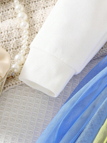 Girl Fashion Colorblock Mesh Patchwork Sweatshirt Dress, Star Color Contrast Long Sleeve Sporty Dress