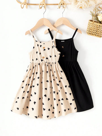 Girl Lovely Casual Ladylike Heart-Shaped Strap Dress Set, Valentine Day, Children Season, Summer
