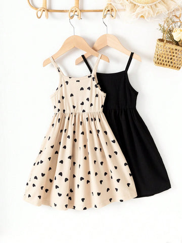 Girl Lovely Casual Ladylike Heart-Shaped Strap Dress Set, Valentine Day, Children Season, Summer