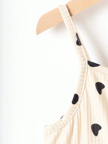 Girl Lovely Casual Ladylike Heart-Shaped Strap Dress Set, Valentine Day, Children Season, Summer