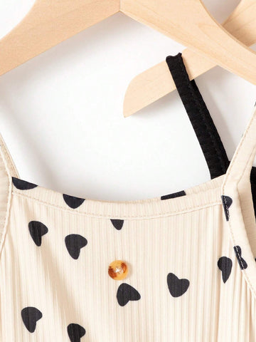 Girl Lovely Casual Ladylike Heart-Shaped Strap Dress Set, Valentine Day, Children Season, Summer