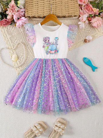 Girl Mermaid Style Mesh Dress, Cute & Elegant Design, Suitable For Girls Party Wear In Summer