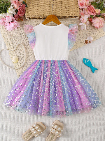 Girl Mermaid Style Mesh Dress, Cute & Elegant Design, Suitable For Girls Party Wear In Summer