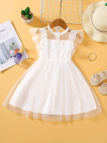 Girl Mesh Dress With Various Embroidery, Floral Decor, Knitting Lace, Two Layers Of Mesh, One Layer Of Lining, Zipper Closure. Suitable For Summer Parties And Weddings.