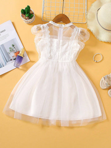 Girl Mesh Dress With Various Embroidery, Floral Decor, Knitting Lace, Two Layers Of Mesh, One Layer Of Lining, Zipper Closure. Suitable For Summer Parties And Weddings.