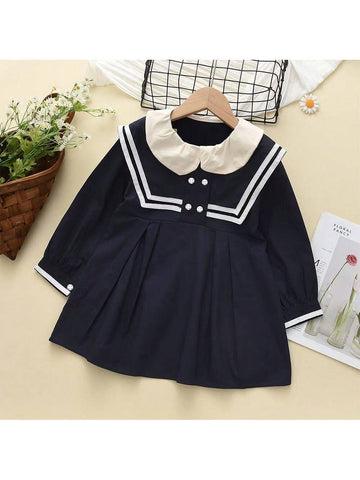 Girl Navy Style Solid Color Princess Dress, Fashionable For Autumn