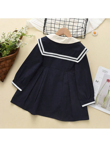 Girl Navy Style Solid Color Princess Dress, Fashionable For Autumn
