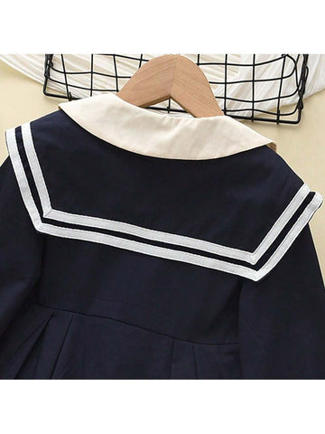 Girl Navy Style Solid Color Princess Dress, Fashionable For Autumn