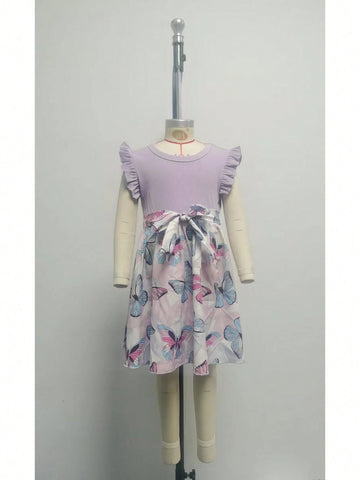 Girl Patchwork Colorful Bow Detail Printed Ribbon Waist Casual Dress For Summer