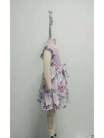 Girl Patchwork Colorful Bow Detail Printed Ribbon Waist Casual Dress For Summer