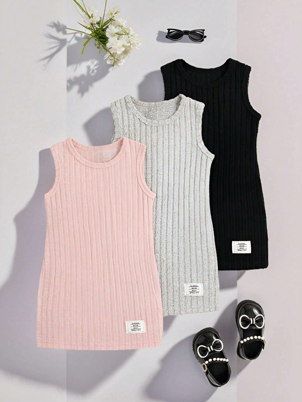 Girl Plain Stripe Minimalist Vest Dress 3pcs/Set