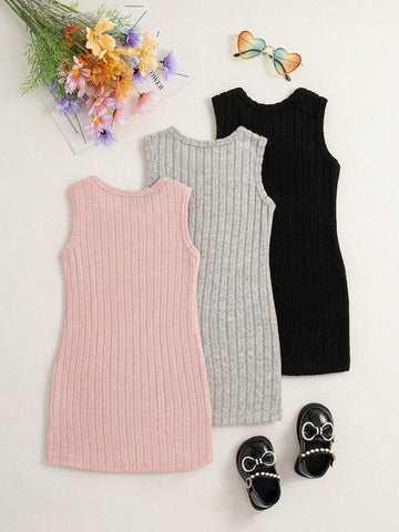 Girl Plain Stripe Minimalist Vest Dress 3pcs/Set