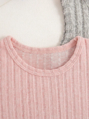 Girl Plain Stripe Minimalist Vest Dress 3pcs/Set