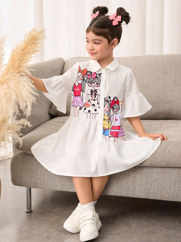Girl Printed Woven Loose Casual Shirt Dress,Suitable For Spring And Summer