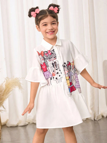 Girl Printed Woven Loose Casual Shirt Dress,Suitable For Spring And Summer