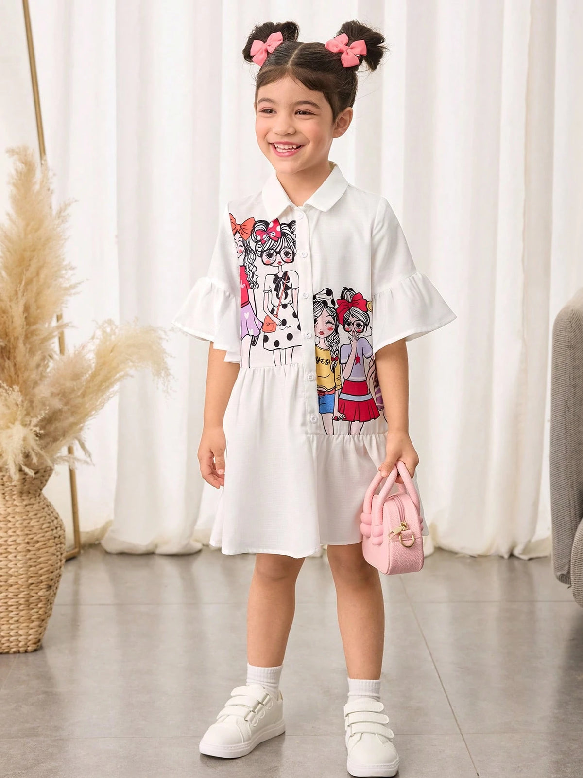 Girl Printed Woven Loose Casual Shirt Dress,Suitable For Spring And Summer