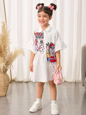 Girl Printed Woven Loose Casual Shirt Dress,Suitable For Spring And Summer