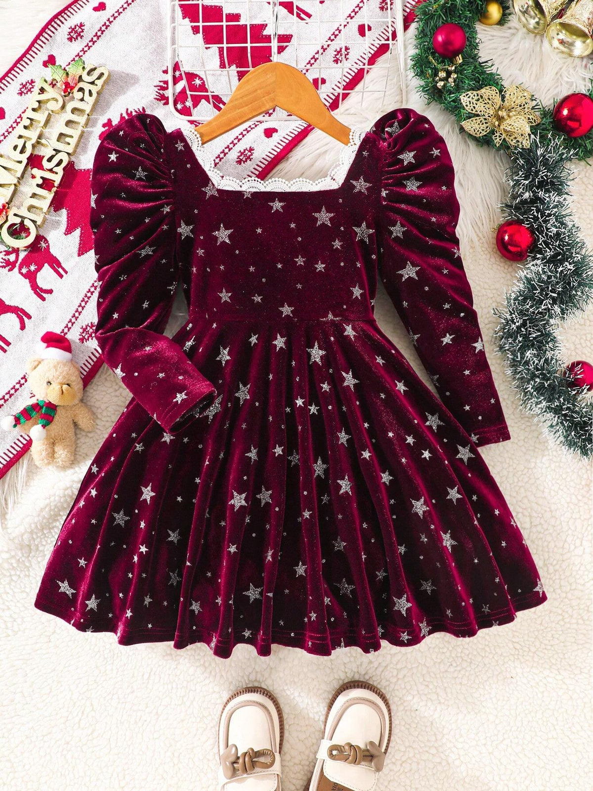 Girl Red Velvet Star Foil Print Party Dress, Suitable For Autumn Party Wear