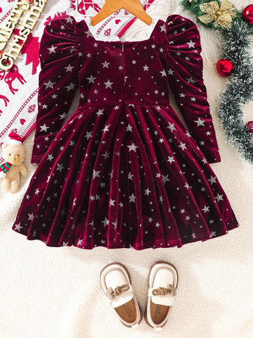 Girl Red Velvet Star Foil Print Party Dress, Suitable For Autumn Party Wear
