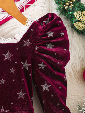 Girl Red Velvet Star Foil Print Party Dress, Suitable For Autumn Party Wear