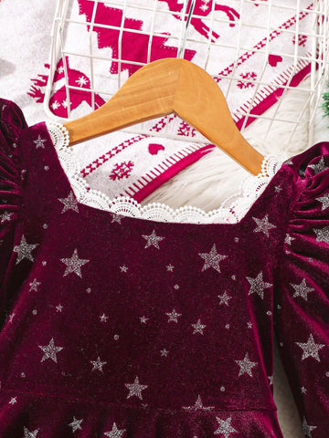 Girl Red Velvet Star Foil Print Party Dress, Suitable For Autumn Party Wear
