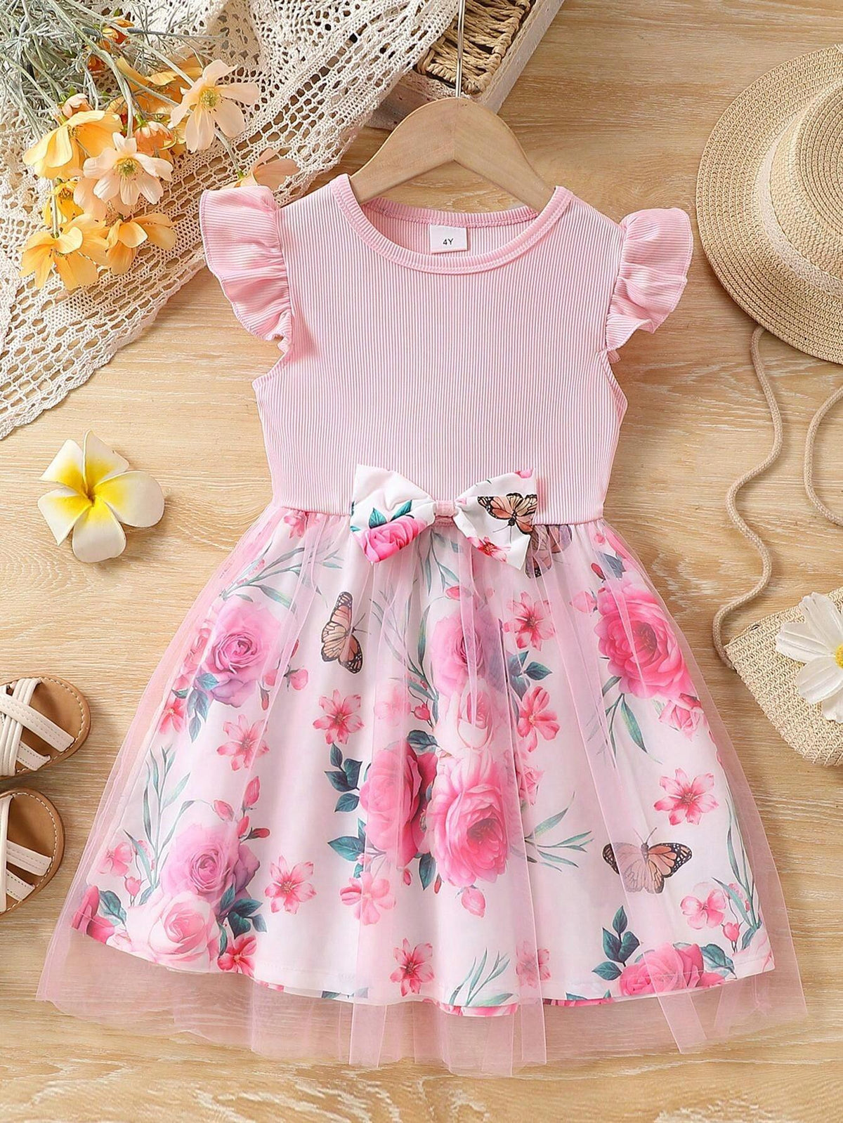 Girl Round Neck Fashionable Dress With Mesh, Children Clothing For Summer Outdoor Wear