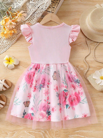 Girl Round Neck Fashionable Dress With Mesh, Children Clothing For Summer Outdoor Wear