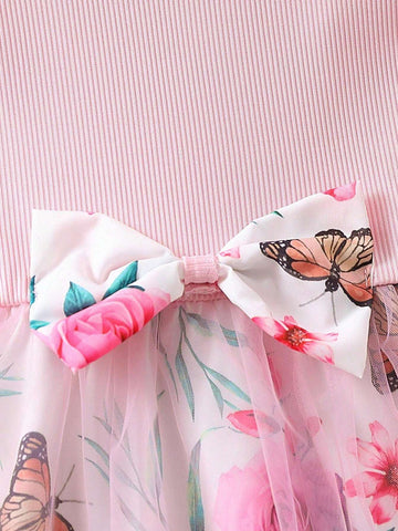 Girl Round Neck Fashionable Dress With Mesh, Children Clothing For Summer Outdoor Wear