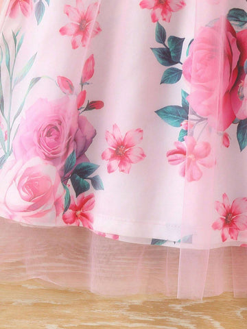 Girl Round Neck Fashionable Dress With Mesh, Children Clothing For Summer Outdoor Wear